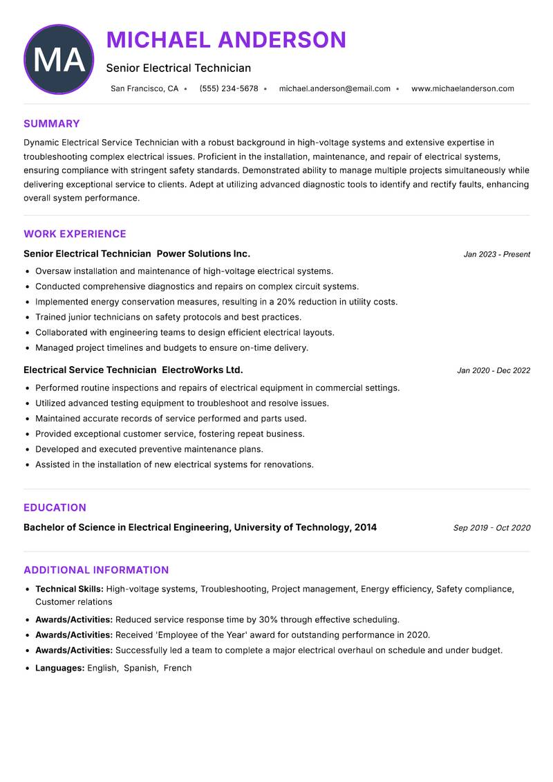Electrical Service Technician resume example — ATS-friendly template