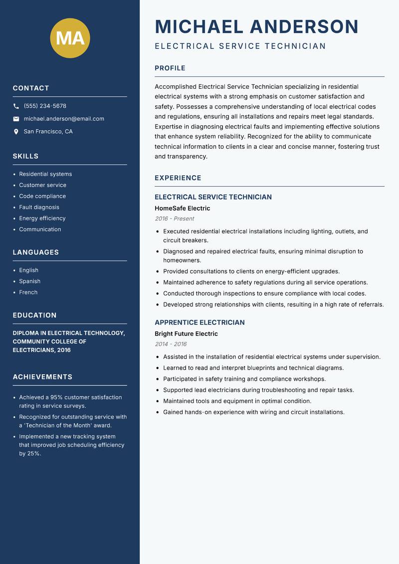 Electrical Service Technician resume template — Classic Clean