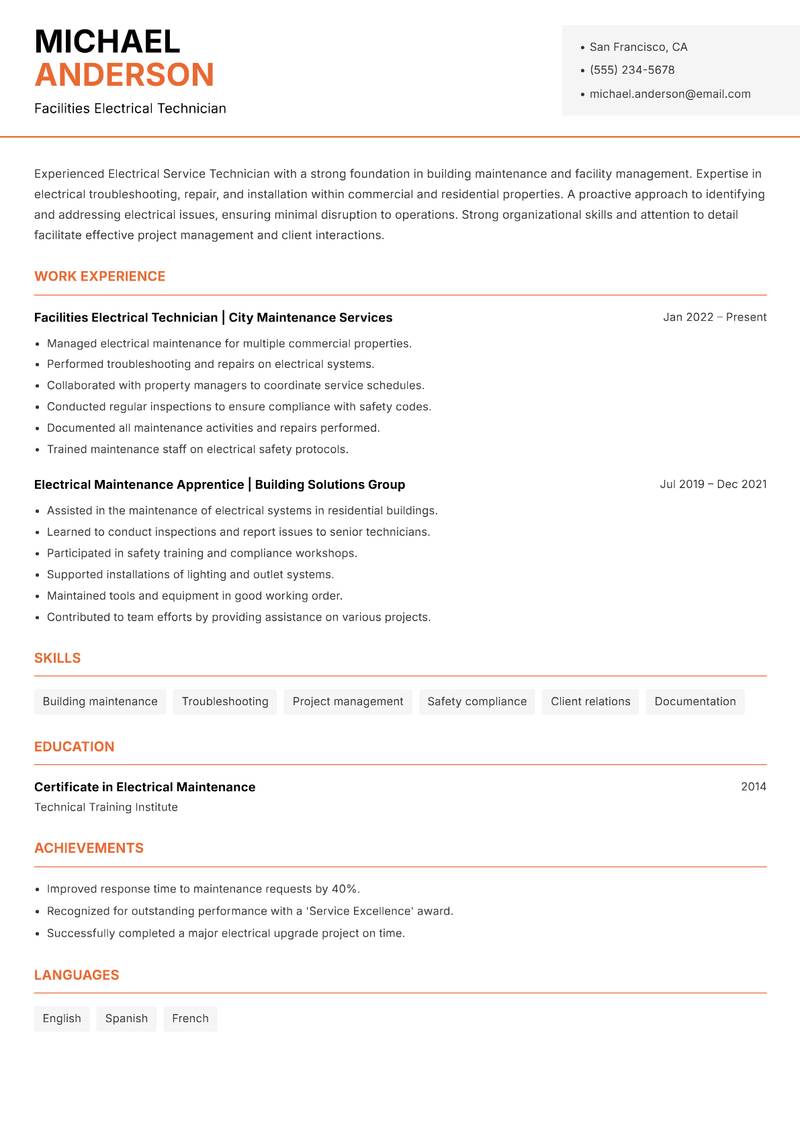 Electrical Service Technician resume template — Modern Professional