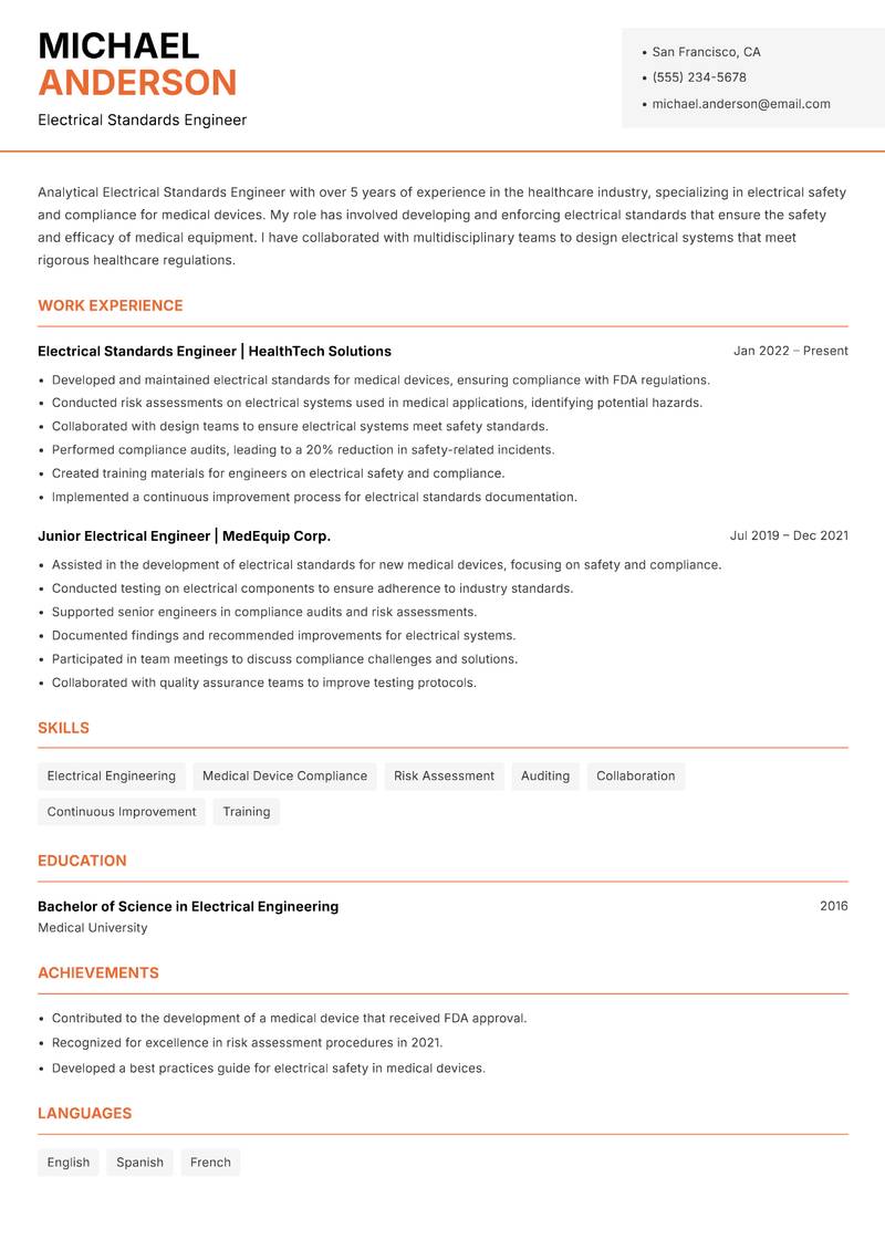 Electrical Standards Engineer resume template — Modern Professional