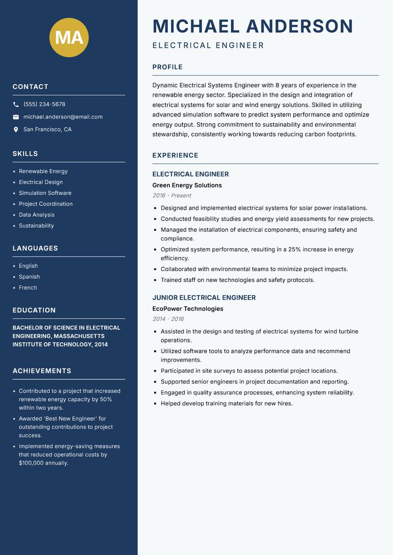 Electrical Systems Engineer resume template — Classic Clean