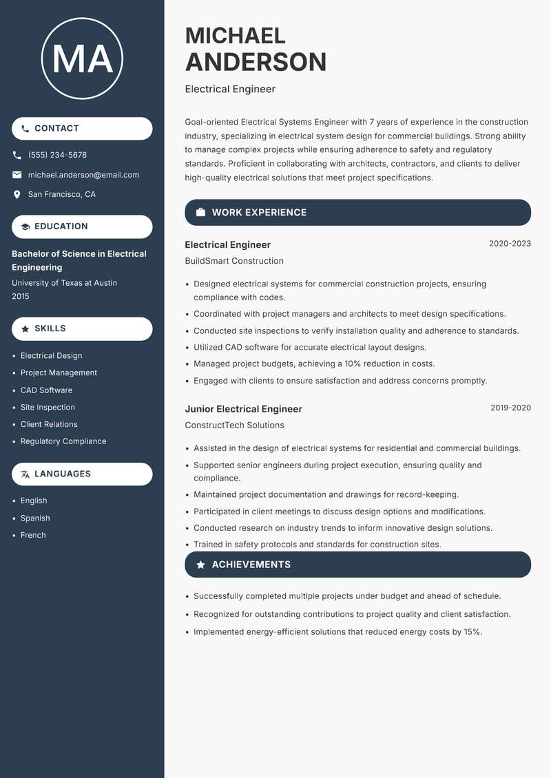 Electrical Systems Engineer resume template — Compact