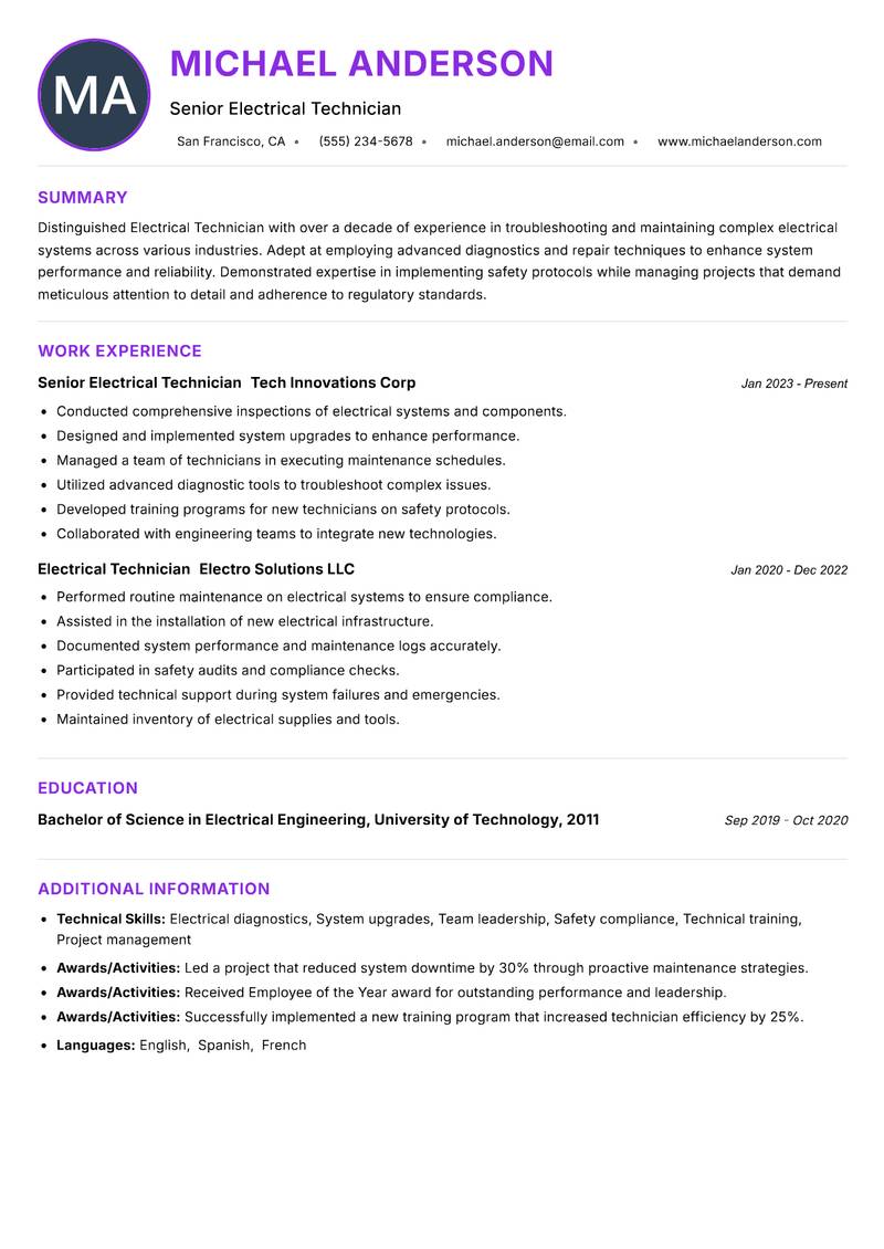 Electrical Technician resume example — ATS-friendly template