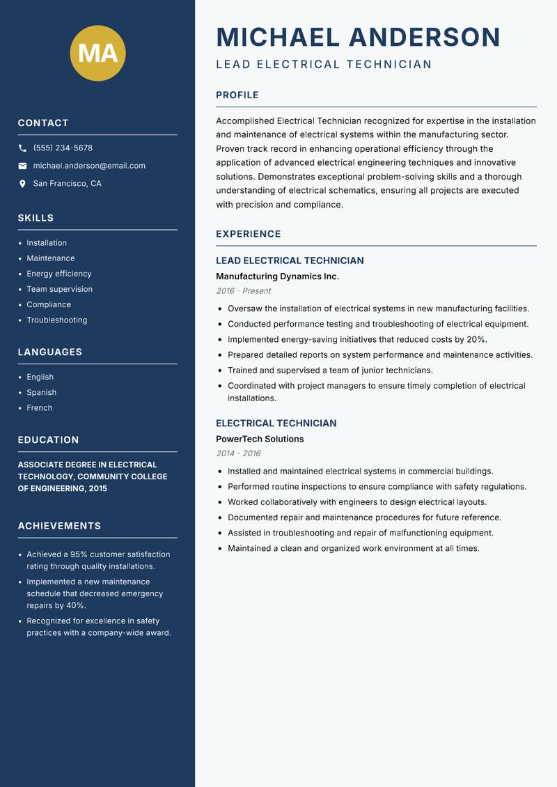 Electrical Technician resume template — Classic Clean
