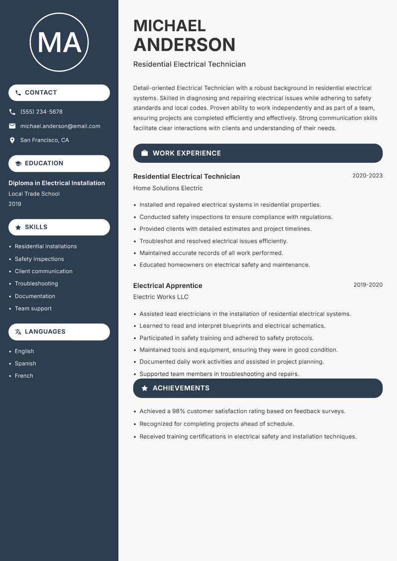 Electrical Technician resume template — Compact