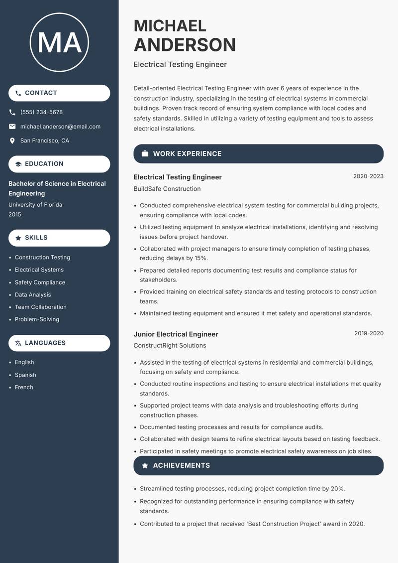 Electrical Testing Engineer resume template — Compact