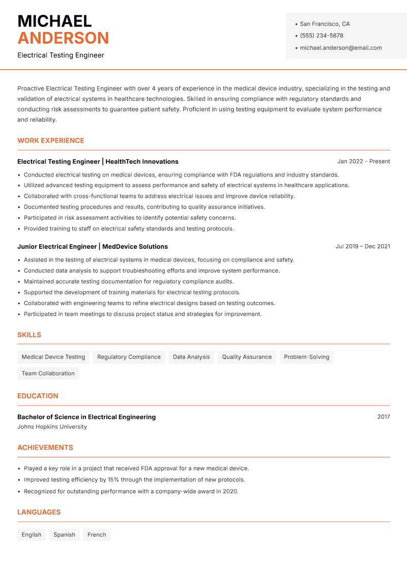 Electrical Testing Engineer resume template — Modern Professional