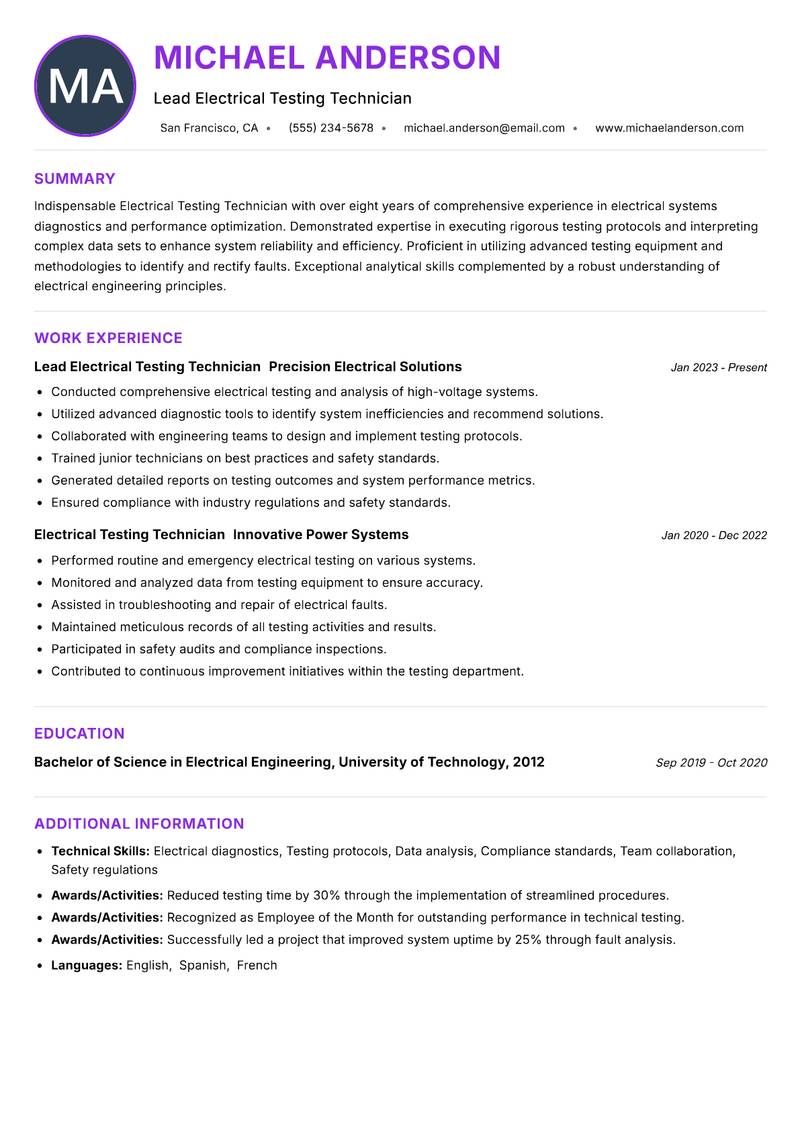 Electrical Testing Technician resume example — ATS-friendly template