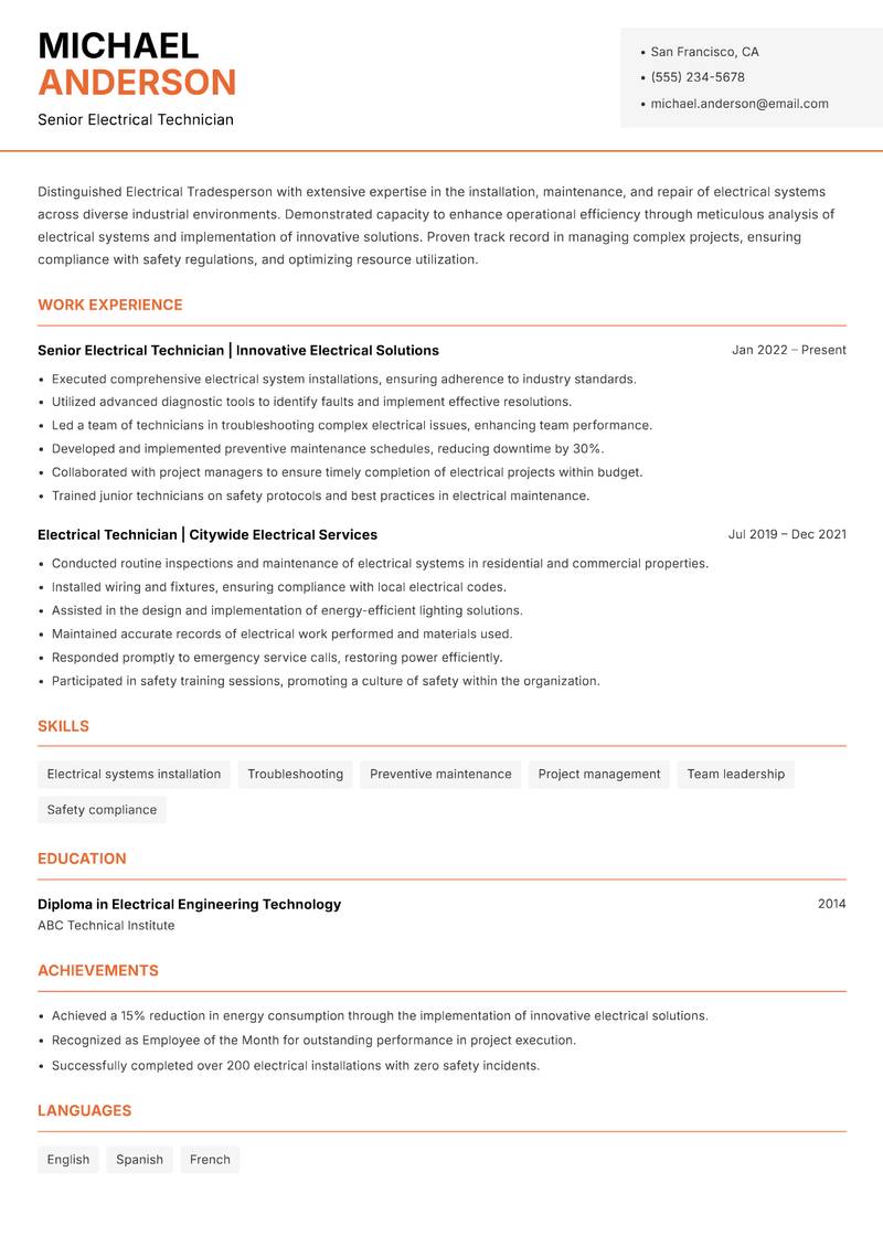 Electrical Tradesperson resume template — Modern Professional