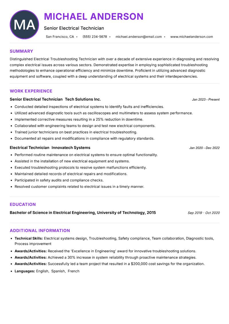 Electrical Troubleshooting Technician resume example — ATS-friendly template