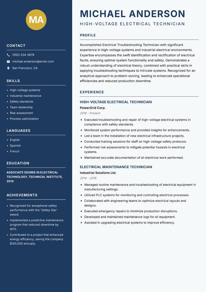 Electrical Troubleshooting Technician resume template — Classic Clean
