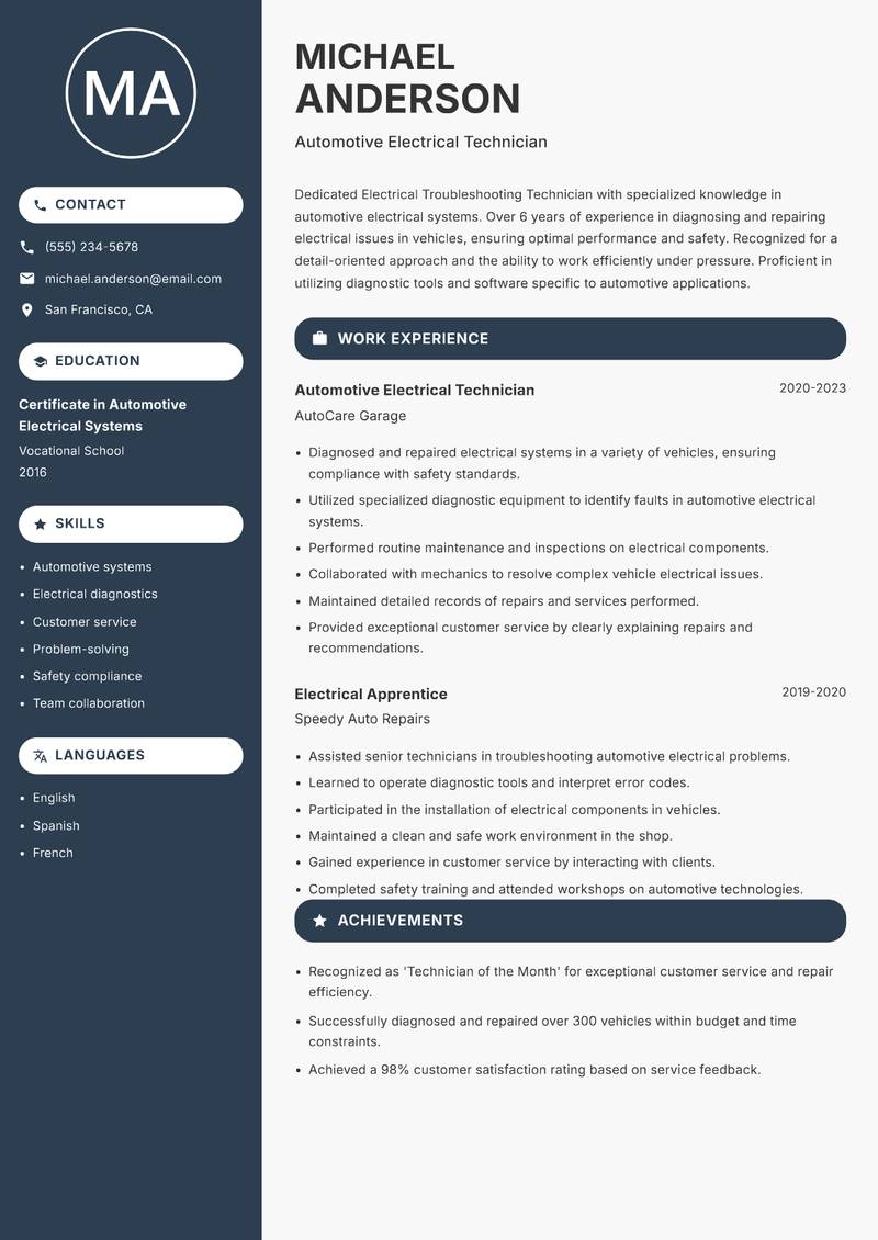 Electrical Troubleshooting Technician resume template — Compact