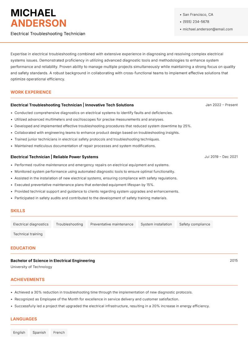 Electrical Troubleshooting Technician resume template — Modern Professional
