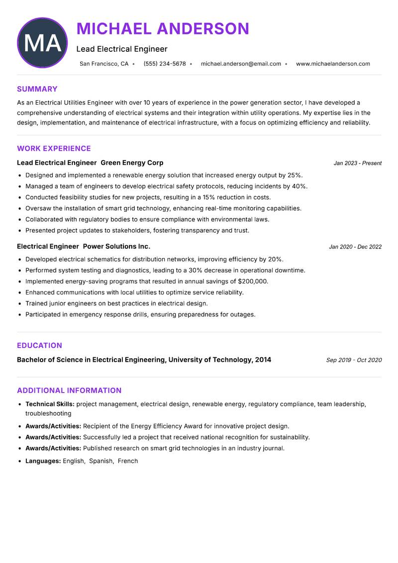 Electrical Utilities Engineer resume example — ATS-friendly template