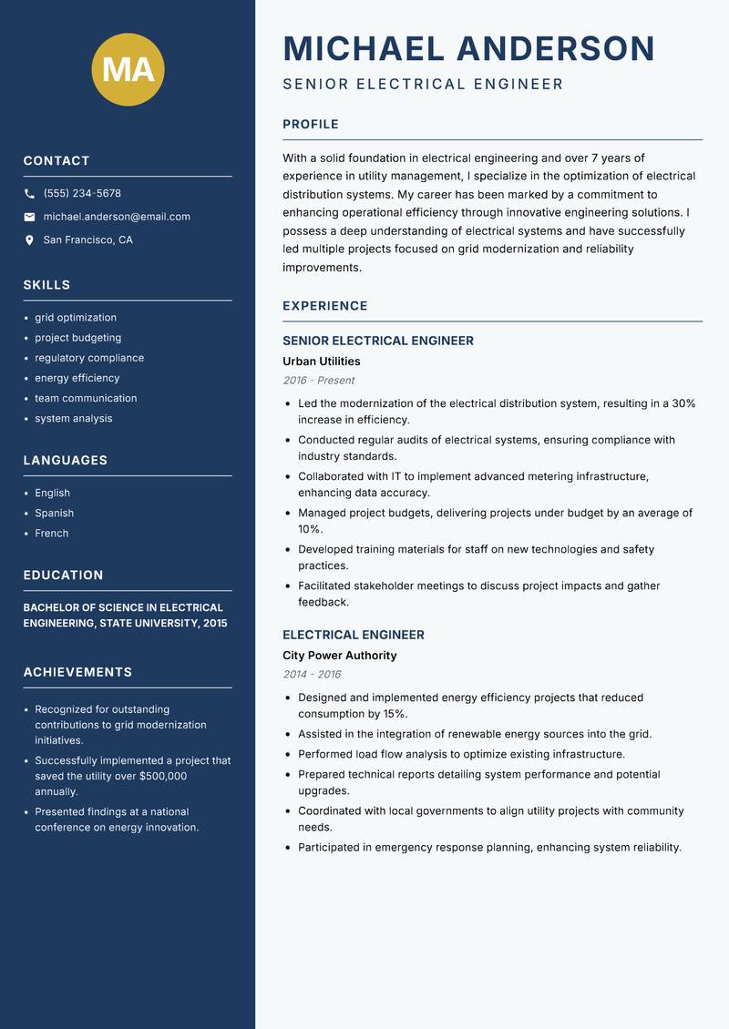 Electrical Utilities Engineer resume template — Classic Clean