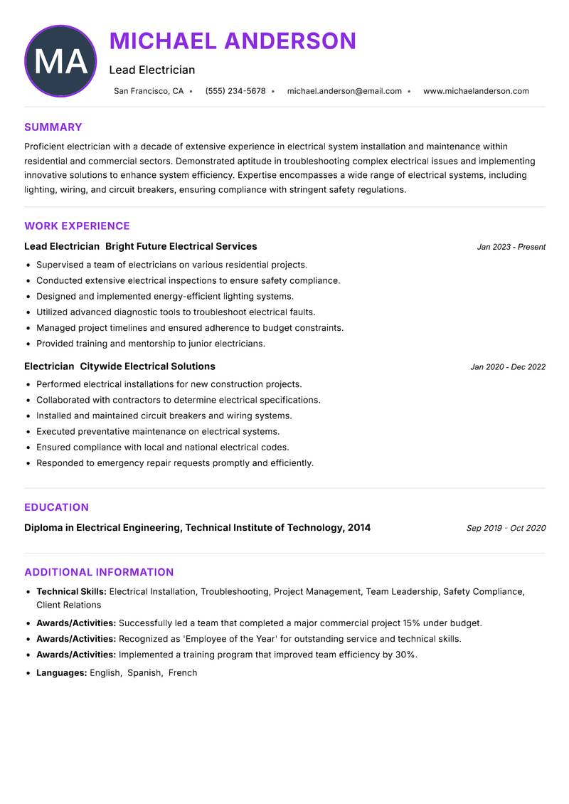 Electrician resume example — ATS-friendly template