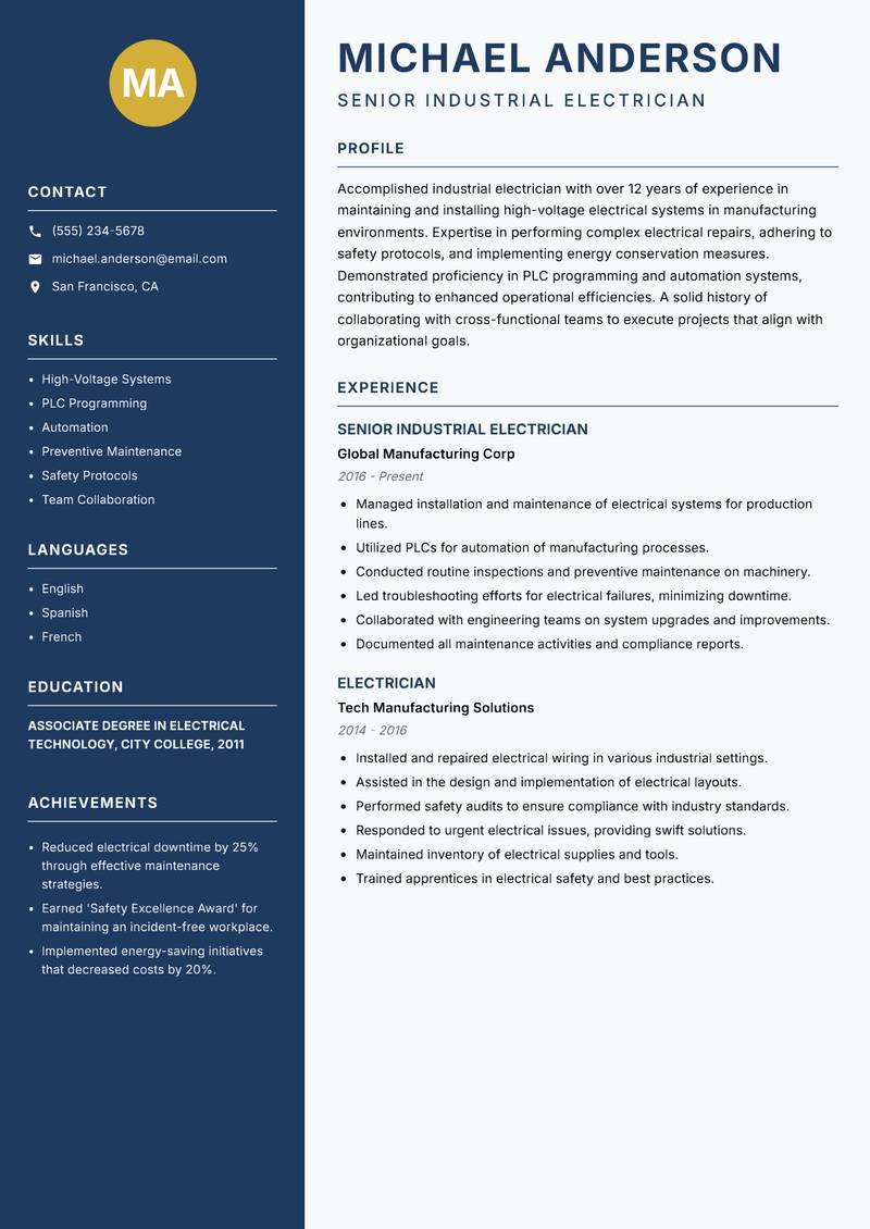 Electrician resume template — Classic Clean