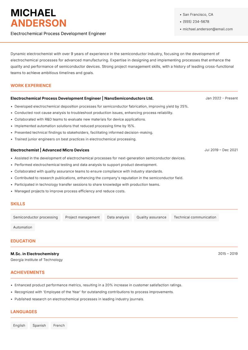 Electrochemist resume template — Modern Professional
