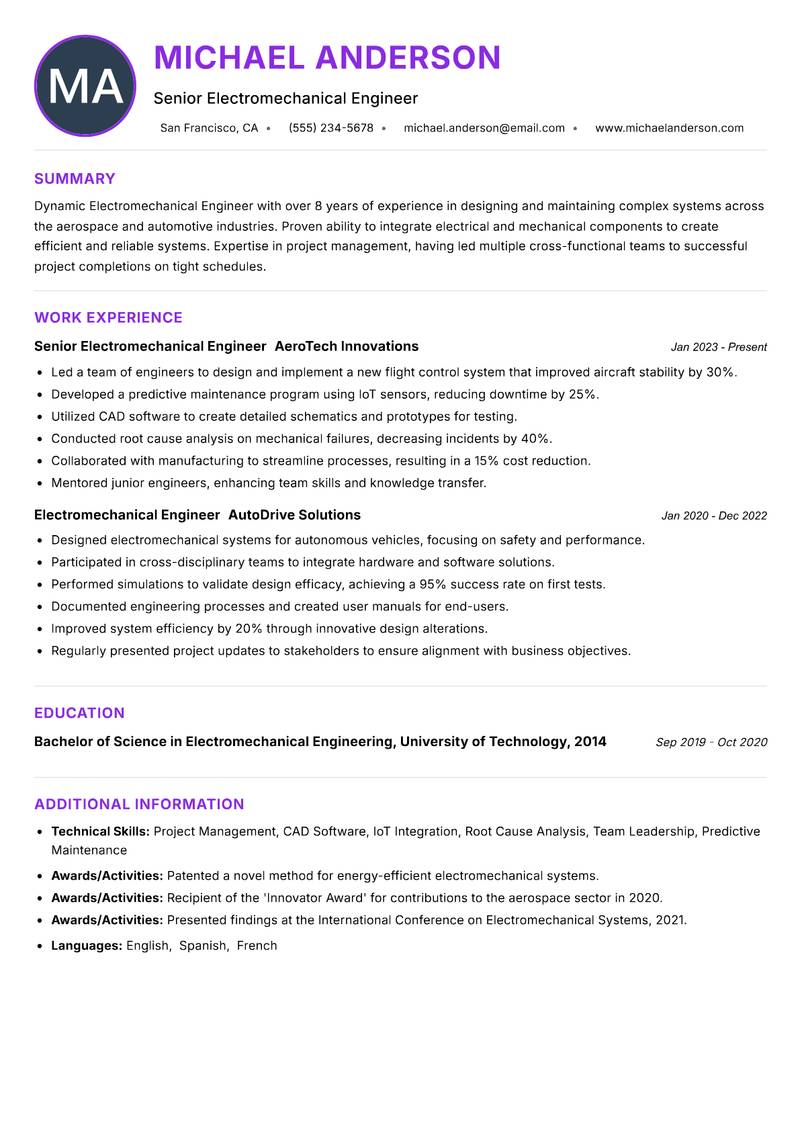 Electromechanical Engineer resume example — ATS-friendly template