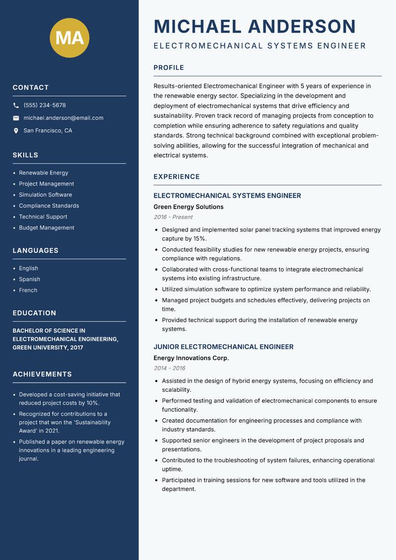 Electromechanical Engineer resume template — Classic Clean