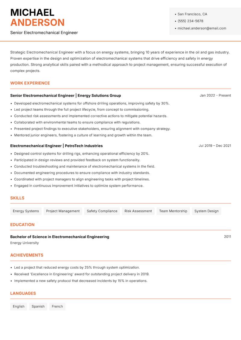 Electromechanical Engineer resume template — Modern Professional