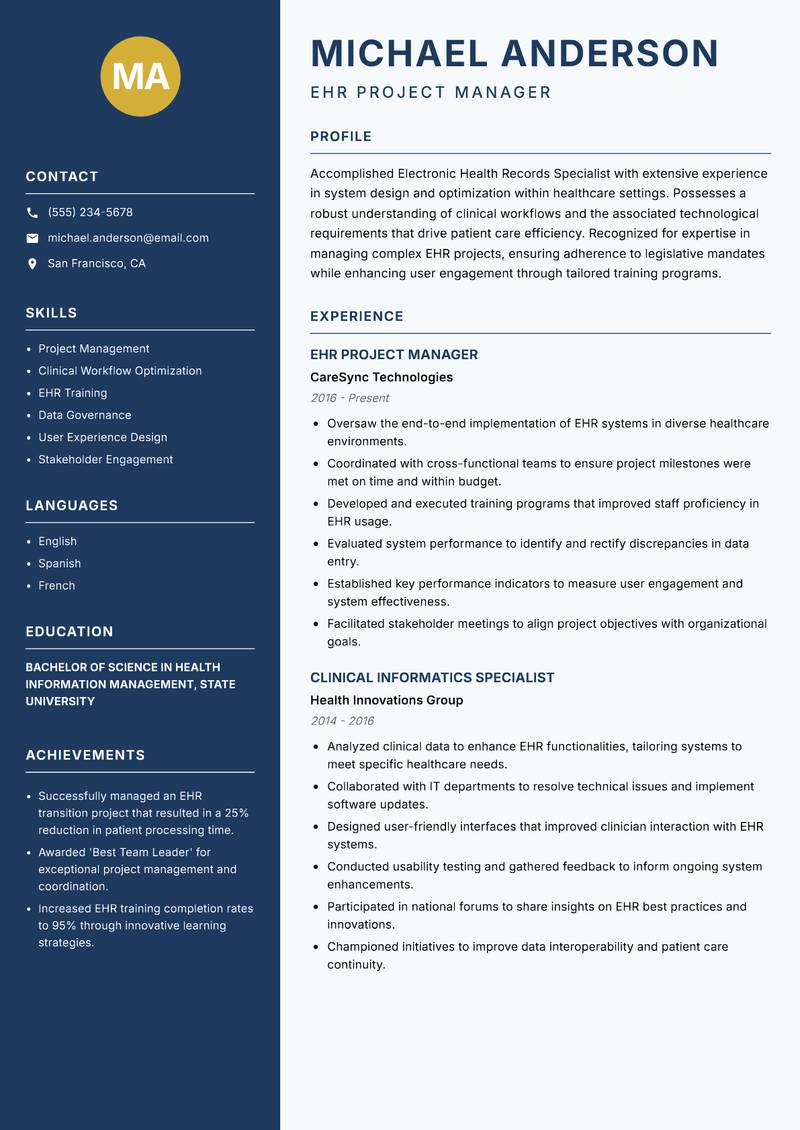 Electronic Health Records Specialist resume template — Classic Clean