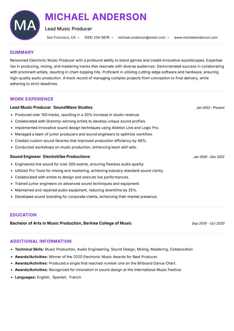 Electronic Music Producer resume example — ATS-friendly template