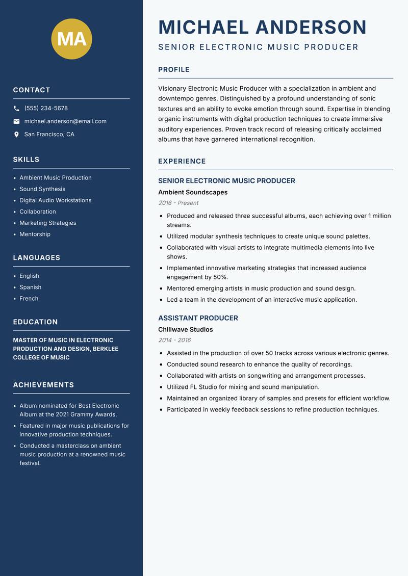 Electronic Music Producer resume template — Classic Clean