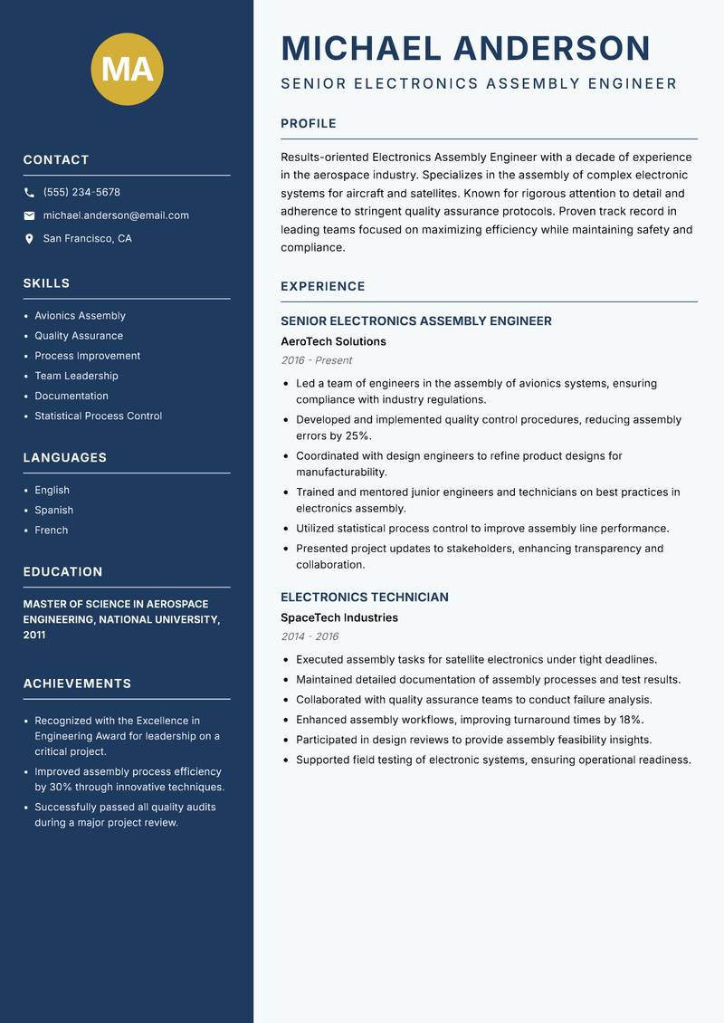 Electronics Assembly Engineer resume template — Classic Clean