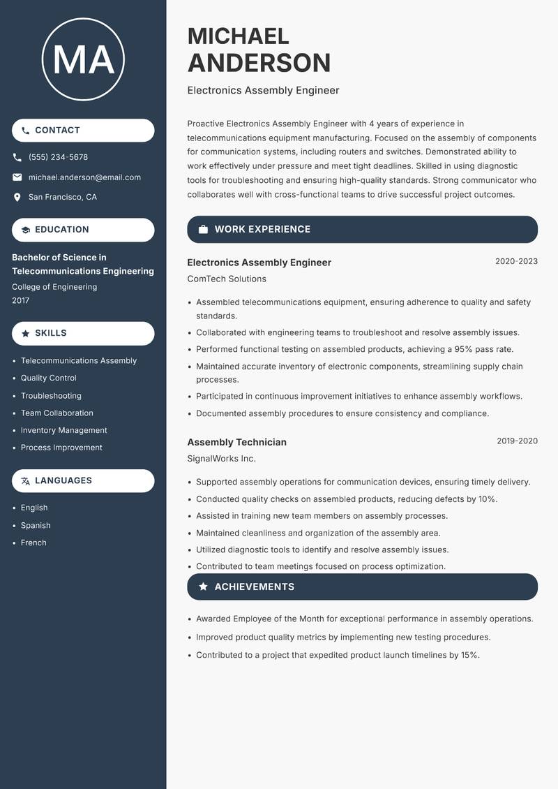 Electronics Assembly Engineer resume template — Compact