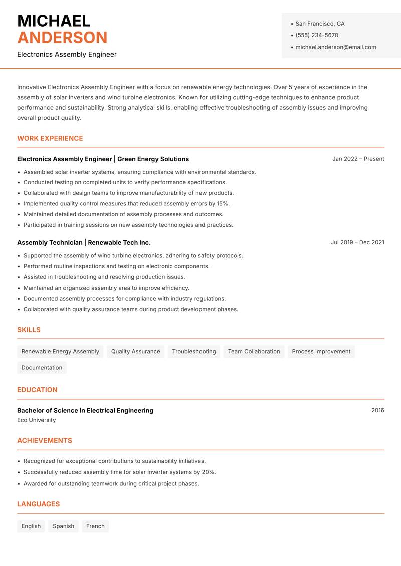 Electronics Assembly Engineer resume template — Modern Professional