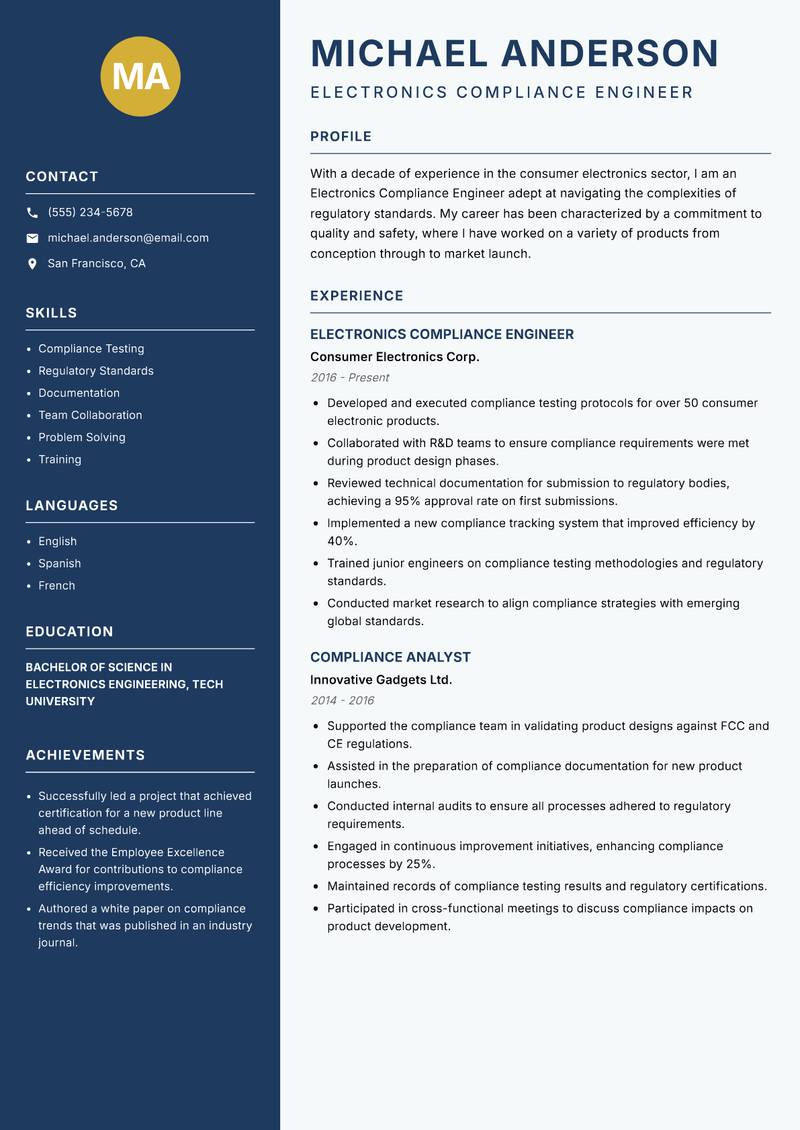 Electronics Compliance Engineer resume template — Classic Clean