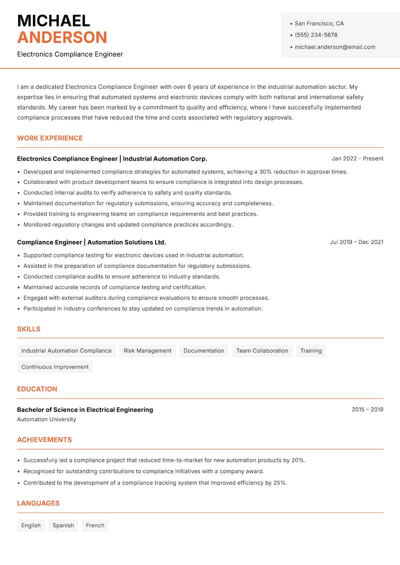 Electronics Compliance Engineer resume template — Modern Professional
