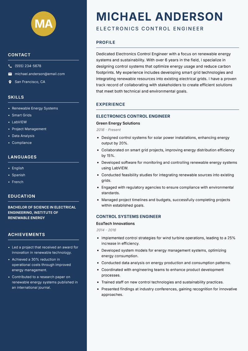Electronics Control Engineer resume template — Classic Clean