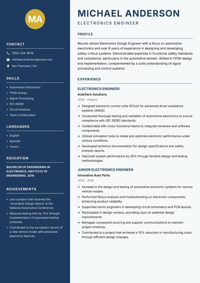 Electronics Design Engineer resume template — Classic Clean