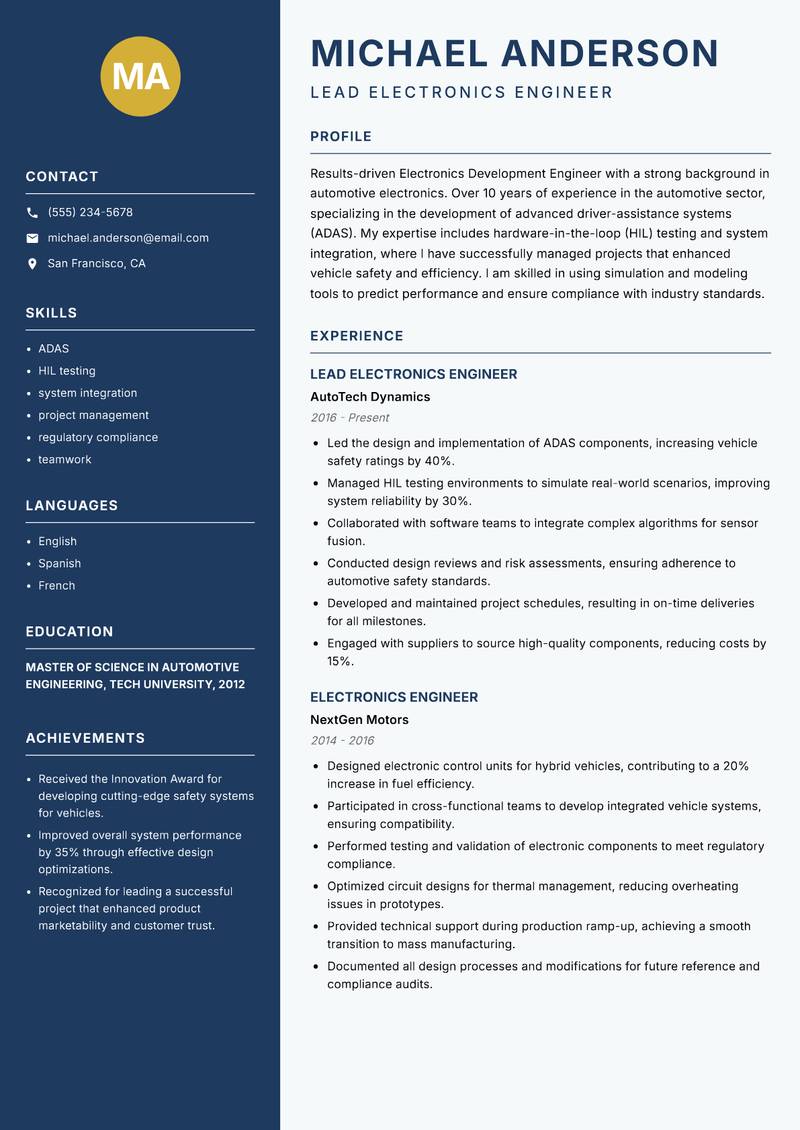 Electronics Development Engineer resume template — Classic Clean