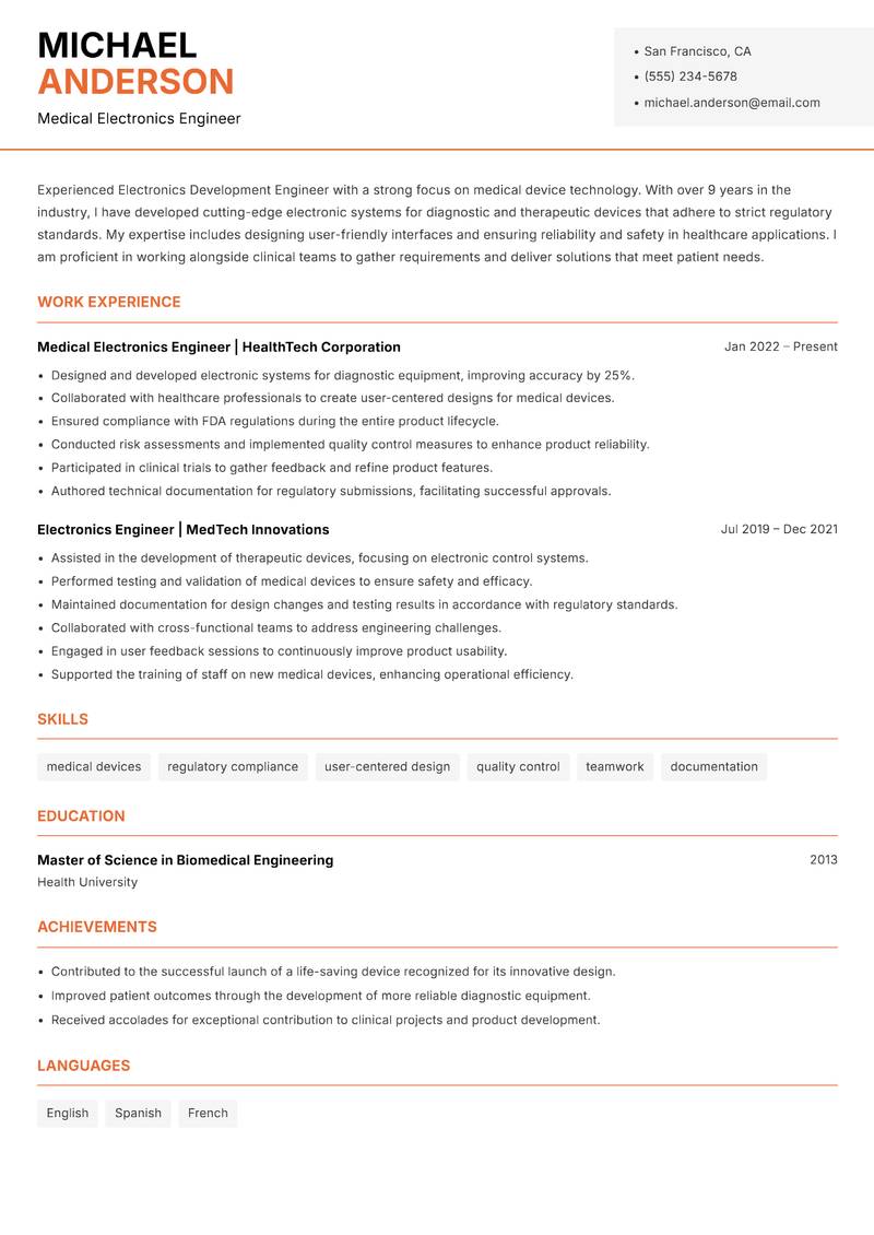 Electronics Development Engineer resume template — Modern Professional