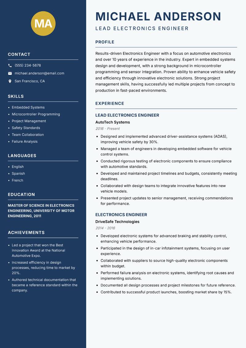Electronics Engineer resume template — Classic Clean