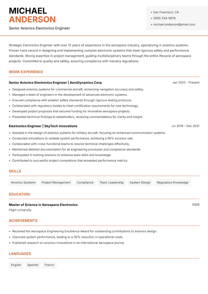 Electronics Engineer resume template — Modern Professional