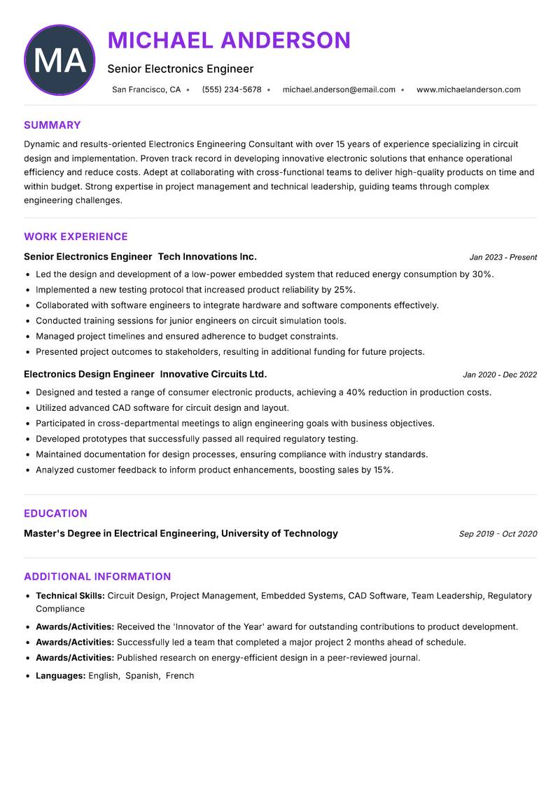 Electronics Engineering Consultant resume example — ATS-friendly template