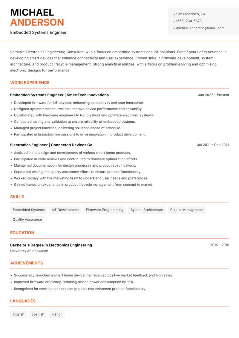 Electronics Engineering Consultant resume template — Modern Professional