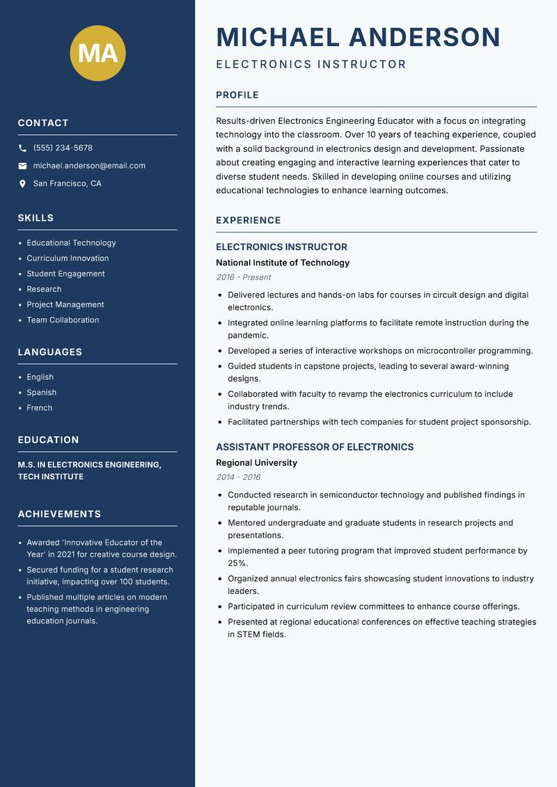 Electronics Engineering Educator resume template — Classic Clean