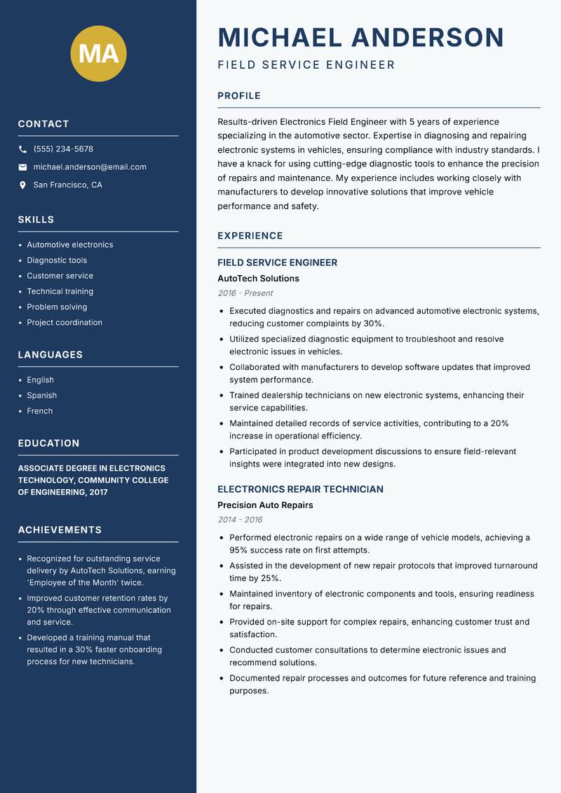 Electronics Field Engineer resume template — Classic Clean