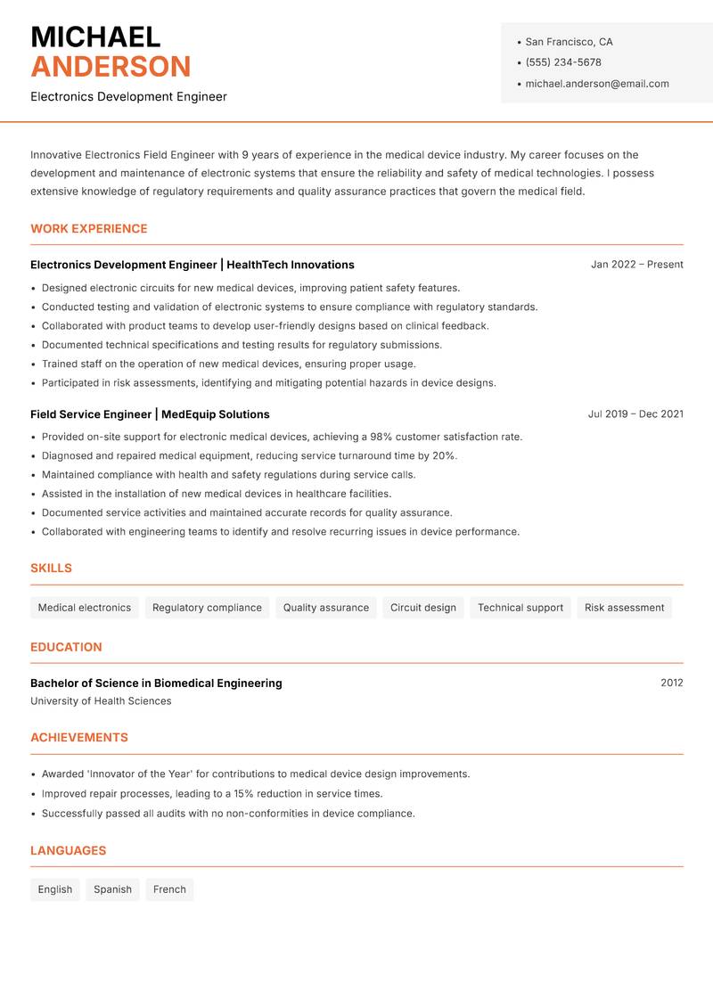 Electronics Field Engineer resume template — Modern Professional