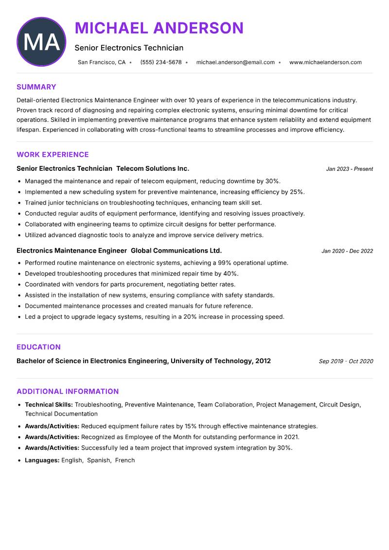 Electronics Maintenance Engineer resume example — ATS-friendly template