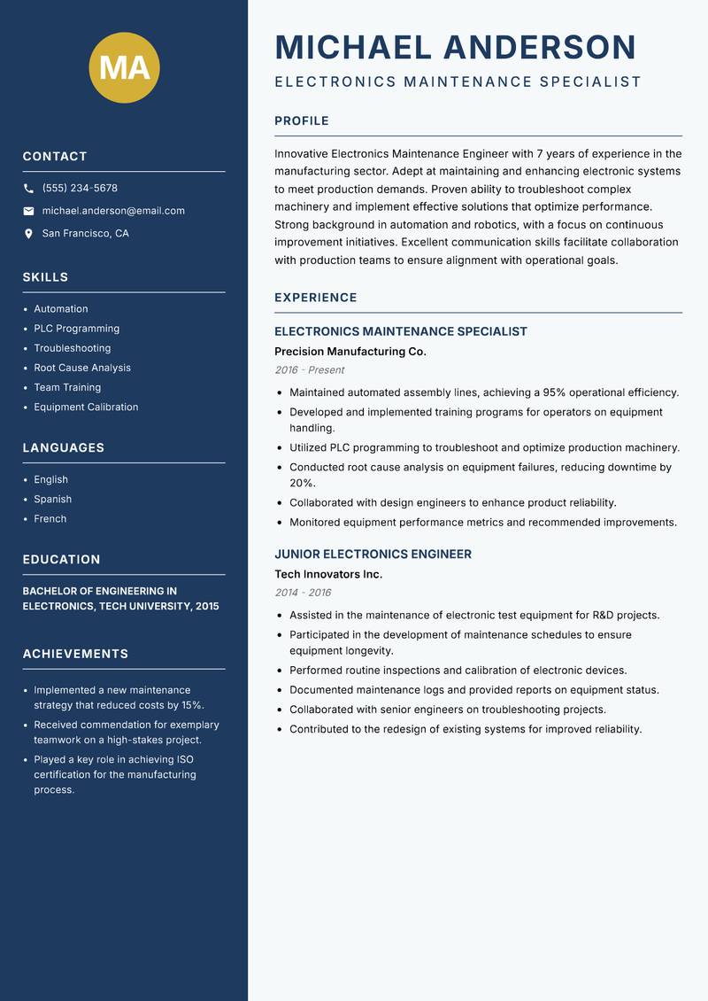 Electronics Maintenance Engineer resume template — Classic Clean