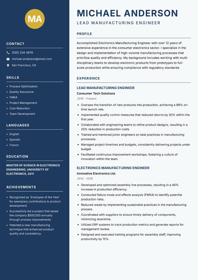 Electronics Manufacturing Engineer resume template — Classic Clean