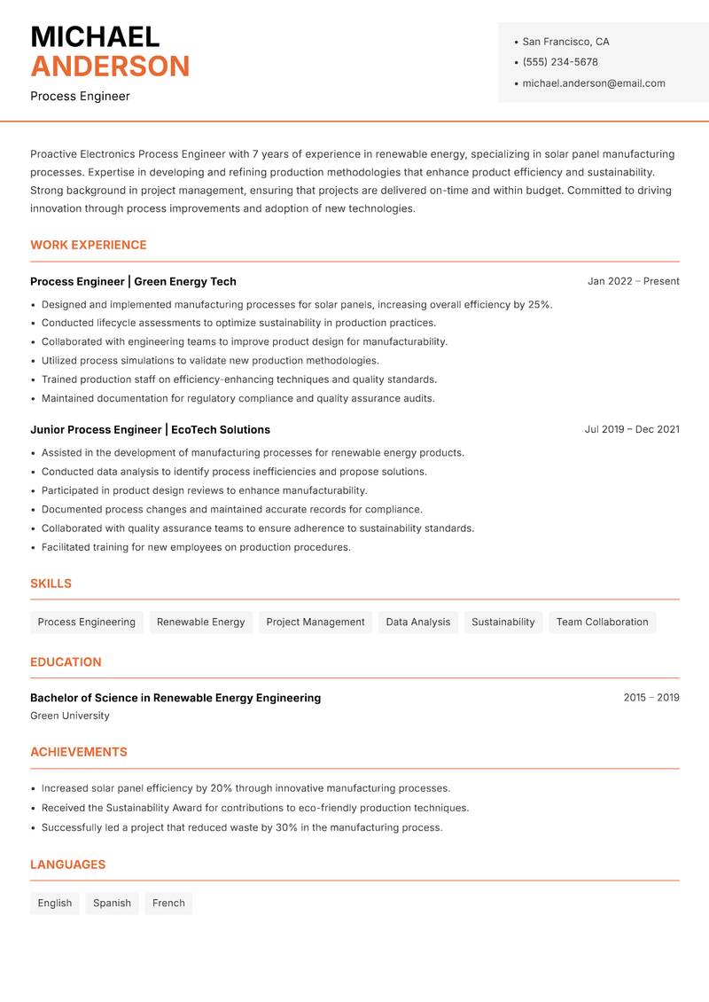 Electronics Process Engineer resume template — Modern Professional