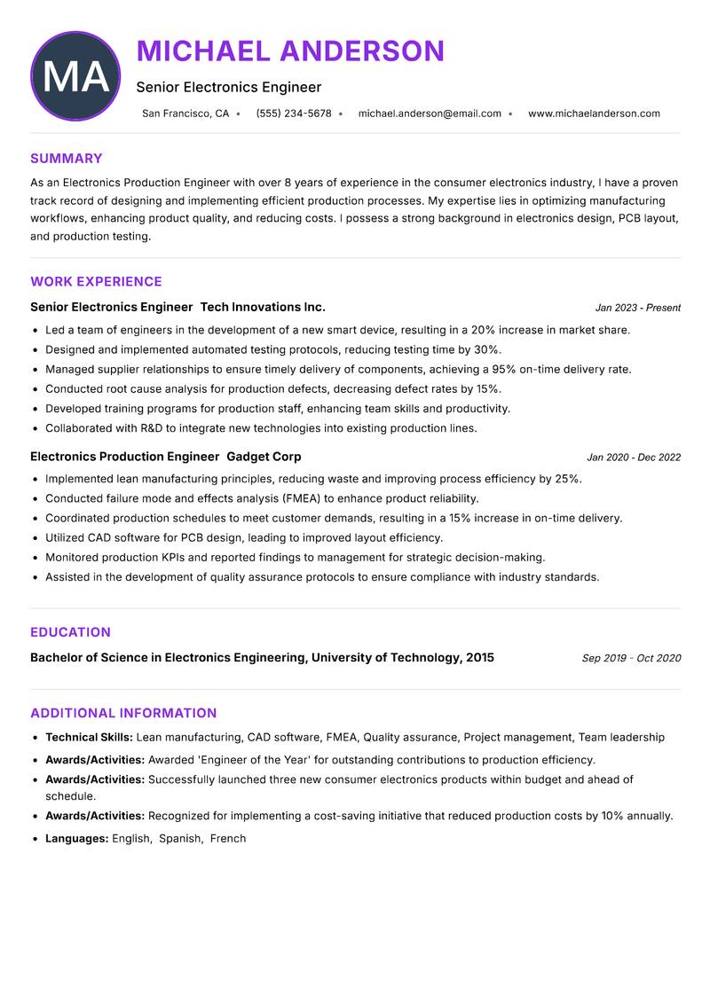 Electronics Production Engineer resume example — ATS-friendly template