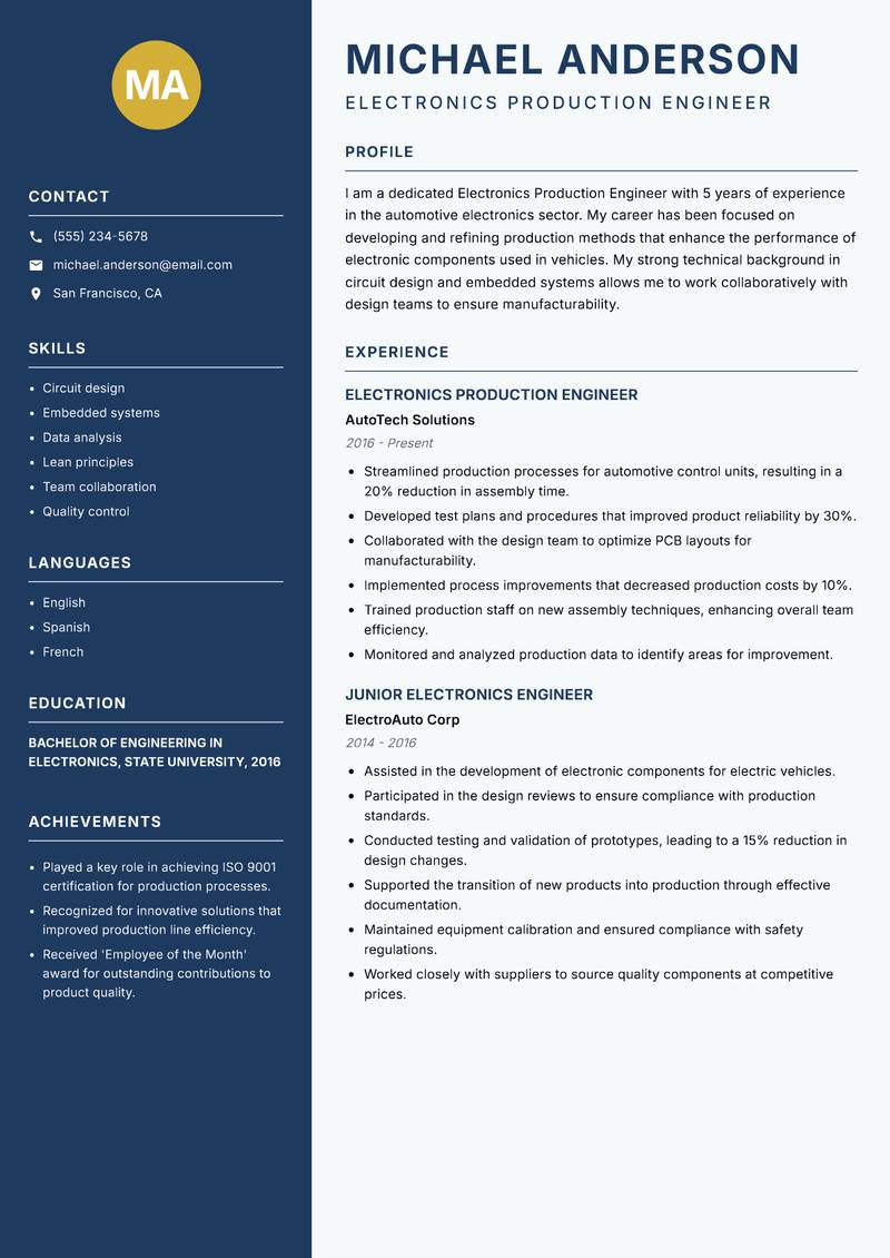 Electronics Production Engineer resume template — Classic Clean